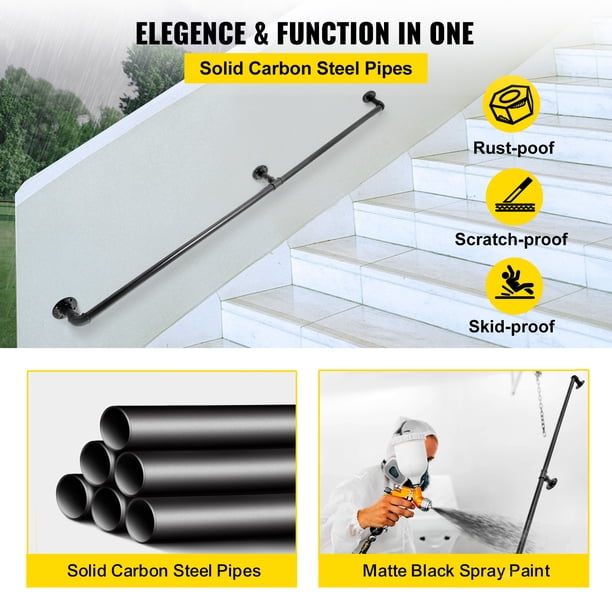 Industrial Handrail Kit – 2ft To 7ft Black Metal Stair Railing, Wall Mount Grab Bar, 200kg Load Capacity, Rustproof Iron For Indoor/Outdoor Steps & Ramps