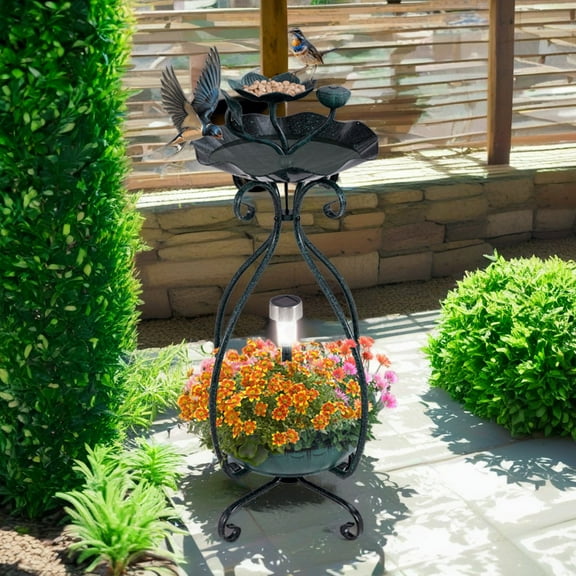 Pefilos 31" Outdoor Pedestal Garden Bird Bath with Solar Light, Bird Feeder and Flower Planter, Standing Lotus Leaf Bowl Birdbath, Green