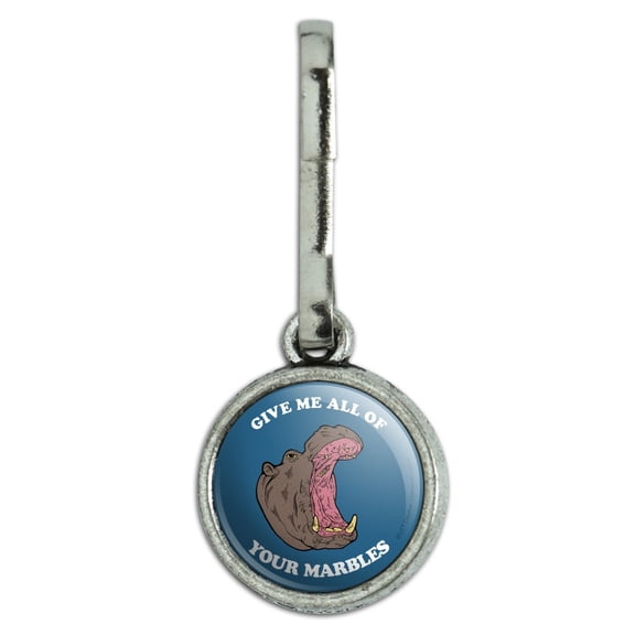 Give Me All Of Your Marbles Hippo Funny Humor Antiqued Charm Clothes Purse Suitcase Backpack Zipper Pull Aid