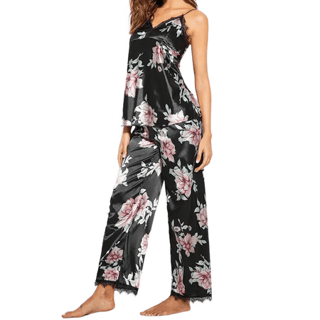 

Herdignity Women Summer Sexy 2Pcs Pajama Set Loose Floral Sling V-Neck Lace Top Long Elastic Band Pants