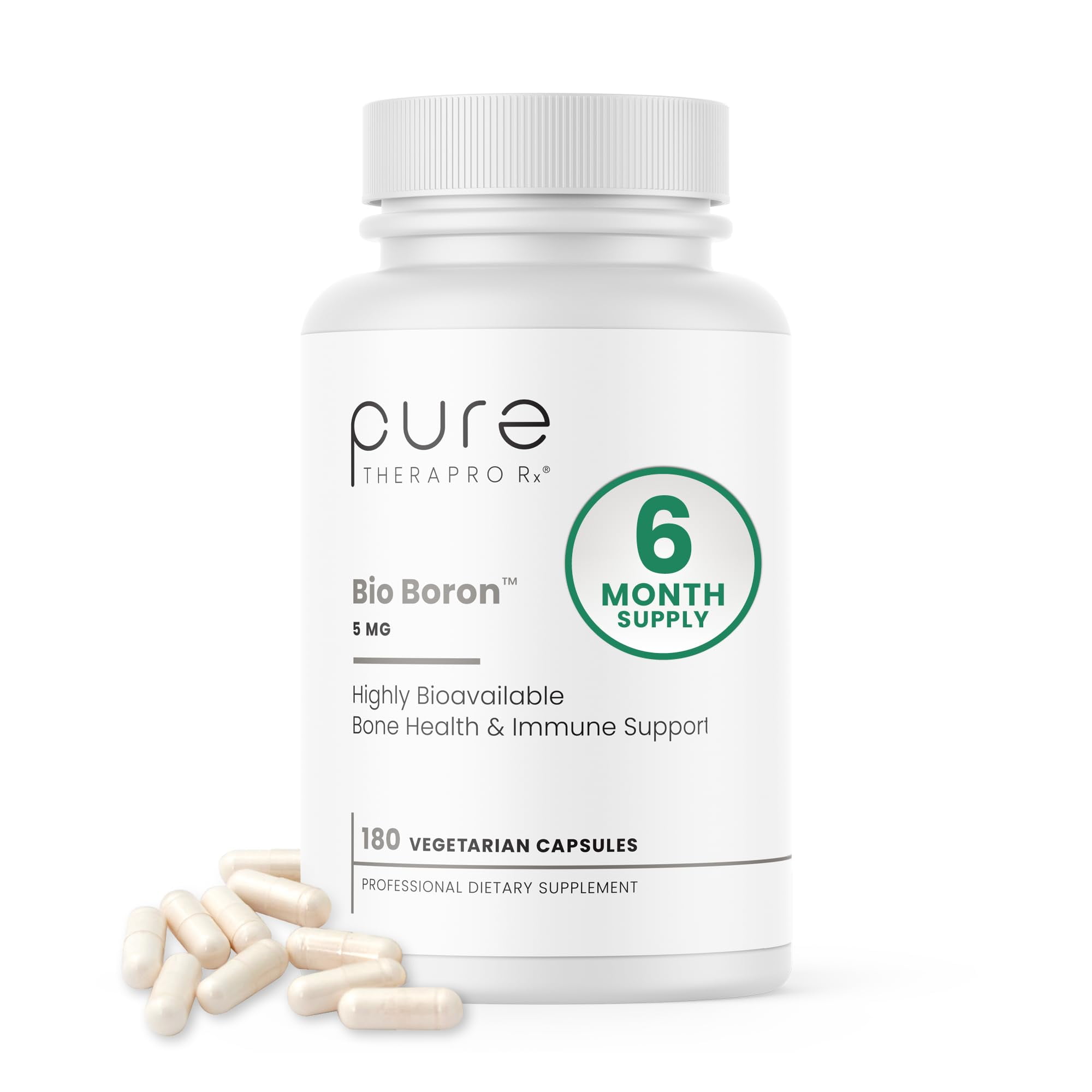 Pure TheraPro Rx Bio Boron, 5mg/Capsule, 180 Capsules, Bororganic Glycine Boron Supplements for Men & Women, Vegan Mineral Supplements for Bones, Cardiovascular Function & Immunity Support