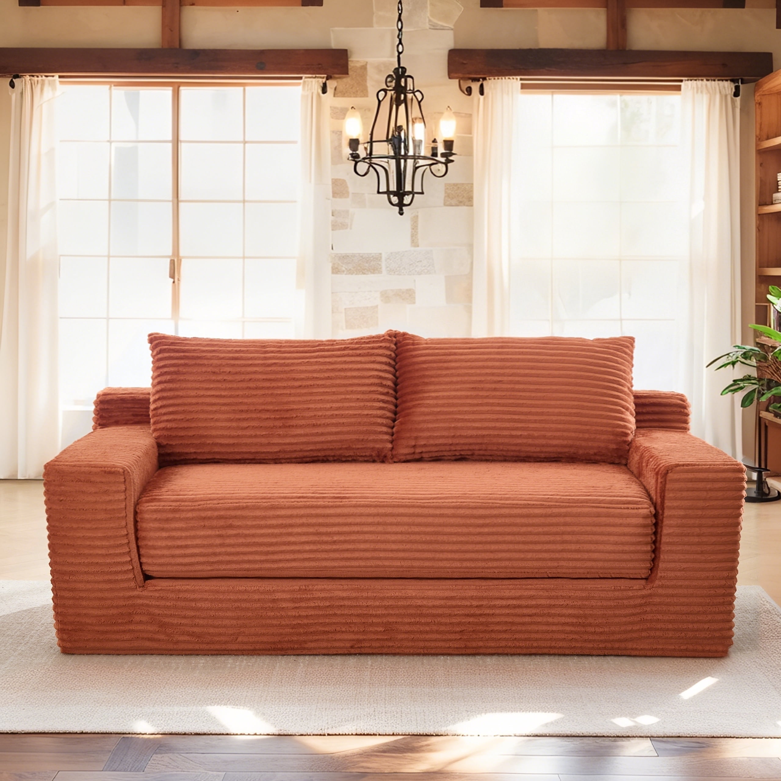 Leumius Convertible Loveseat Compression Sofa for Living Room,Corduroy 2 Seater Couch Memory Foam Sofa for Small Spaces,Apartments,Office,Orange