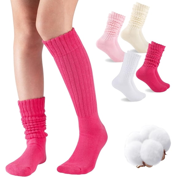 Slouch Socks Women 4 Pairs Knee High Scrunch Cotton Soft Knit Cushion Extra Long Socks