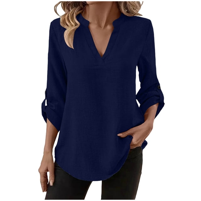Camisas de Color Sólido para las Mujeres 3/4 Manga Manga Corta Cuello en V, Blusa Casual para Primavera Verano Diario