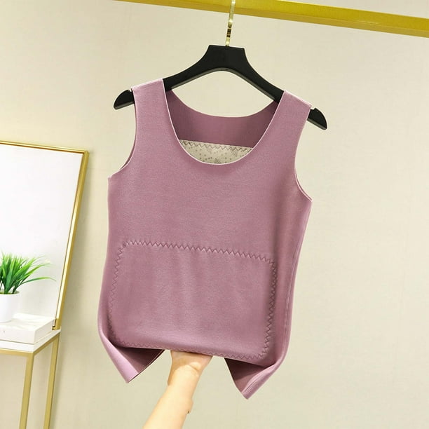 Ropa interior térmica Tops de moda para mujer de invierno sin mangas de cuello redondo cómodas camisetas sin mangas lisas regulares blusa de poliéster para mujer