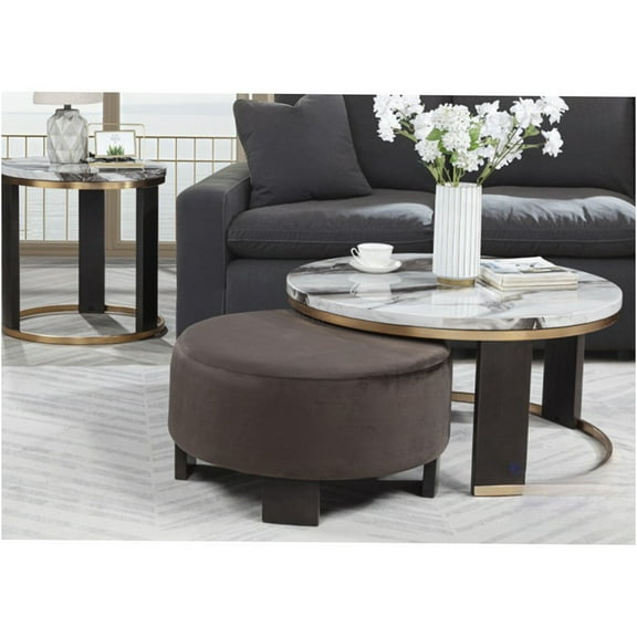 JERFIT 2-Piece Nesting Coffee Table Set with Faux Marble Top and Velvet Ottoman, Gold Metal Frame, Modern Round Accent Table for Living Room