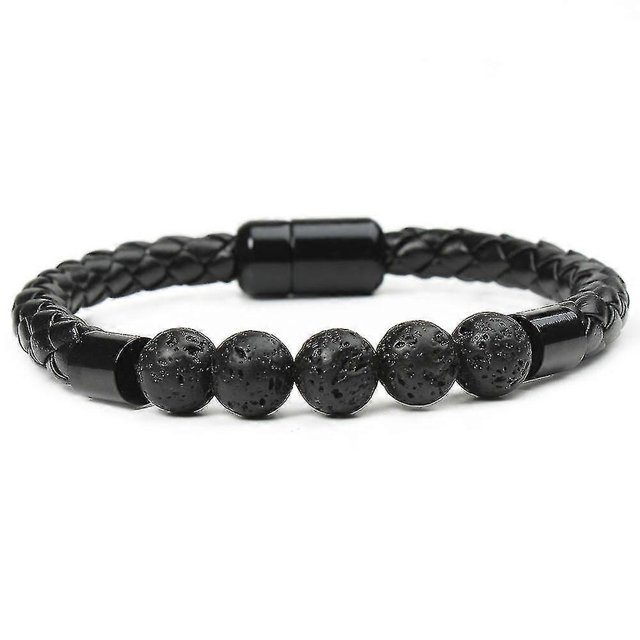 Mens Gemstone Bracelet Black Magnetic Closure Lava/ Tigers Eye Faux Le--Lava-Model code 10217 Lava