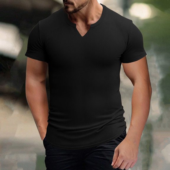 BXINGOHAI Men's Muscle Slim Henley Shirts Crewneck Longline T-Shirt Gym Workout Athletic Shirt Tees Today Black,L