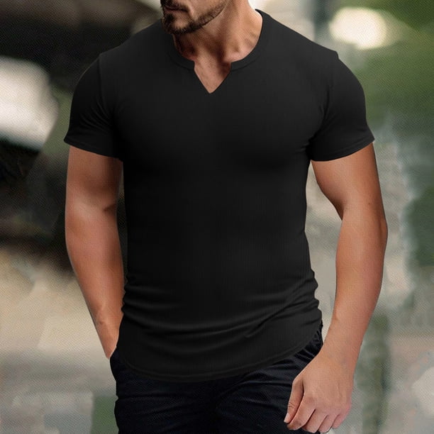 pstuiky Camisa de manga corta para hombre, Camiseta elástica deportiva de verano para hombre, camisa de tendencia, informal, de manga corta, con cuello en V camisetas de hombre xxl