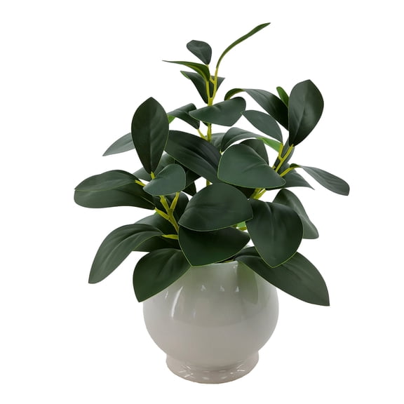 Mainstays 11-Inch Indoor Artificial Peperomia Plant in White Ceramic Pot.