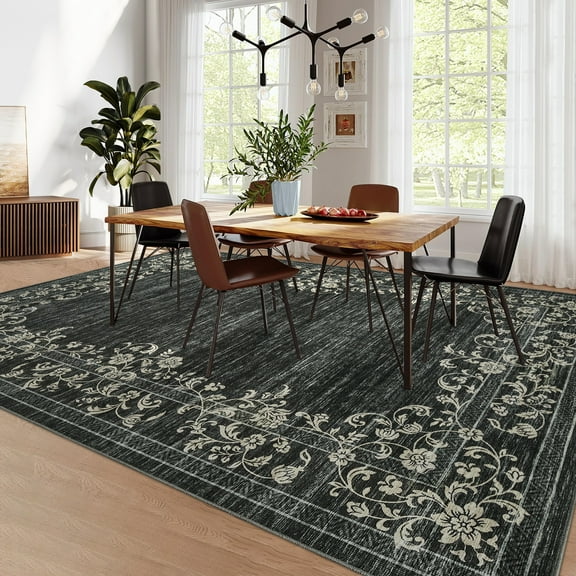 HOMERRY Washable 9' x 12' Area Rug for Living Room Farmhouse Modern Floral Bordered Black Rug Non Slip Large Indoor Carpet