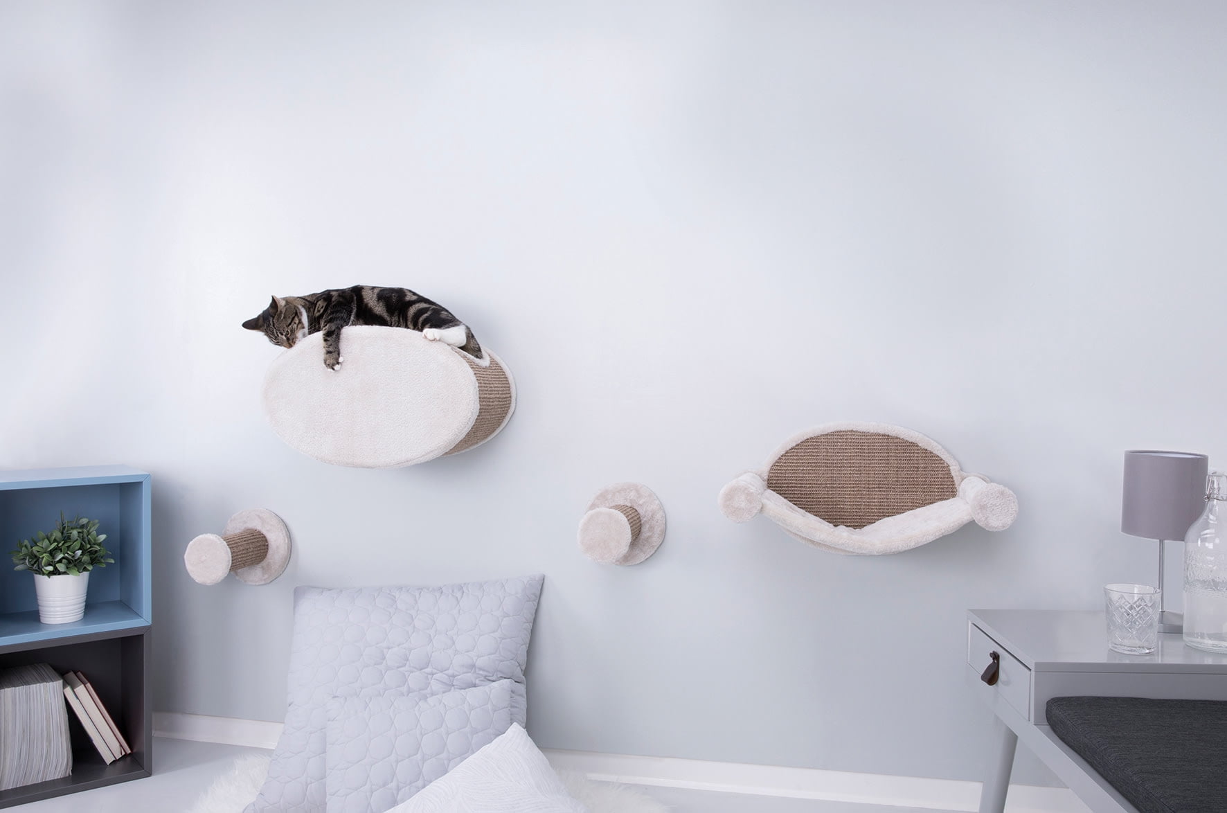 TRIXIE Plush & Sisal Cover Cat Perch with Steps Hammock & Condo, 4 Piece Set, Brown-Greige