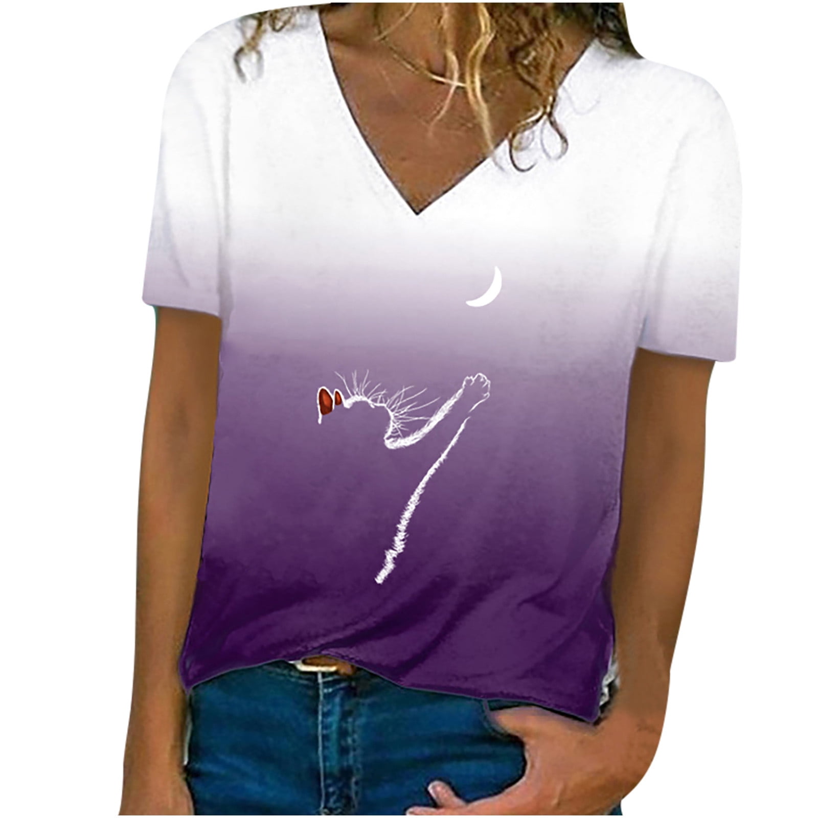 Gradient Color Cat Print T-Shirt for Women, V Neck Malaysia