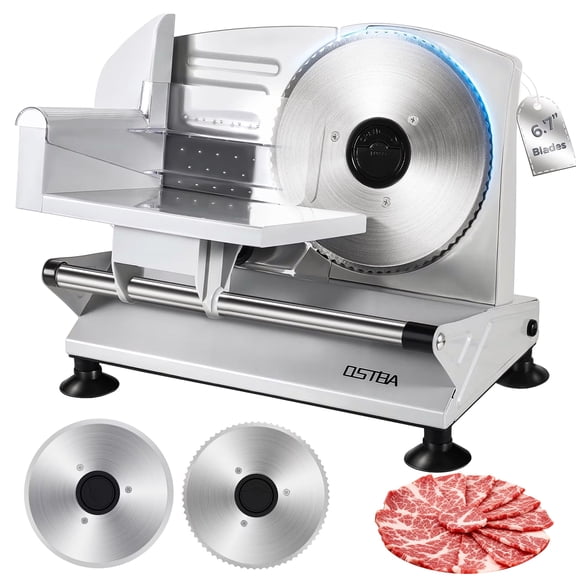 OSTBA Meat Slicer Machine, Two 6.7” Removable Stainless Steel Blades and Food Carriage, 150W Electric Deli Food Slicer for Home Use, Easy to Clean, 0-15mm Adjustable Thickness for Meat, Cheese, Bread