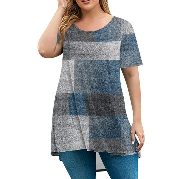 TQWQT Plus Size Womens Tops 4x-5x Trendy Crewneck Tshirts Floral Print T-Shirt Short Sleeve Tops Loose Fit Casual Clothes for Women Blue 4XL