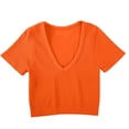 thumbnail image 2 of Mifsaly Yoga Crop Tops for Women Slim Fit Ribbed Short Sleeve Cropped T-Shirt Breathable Soft Stretchy Seamless Athletic Workout Tee Orange,M, 2 of 6