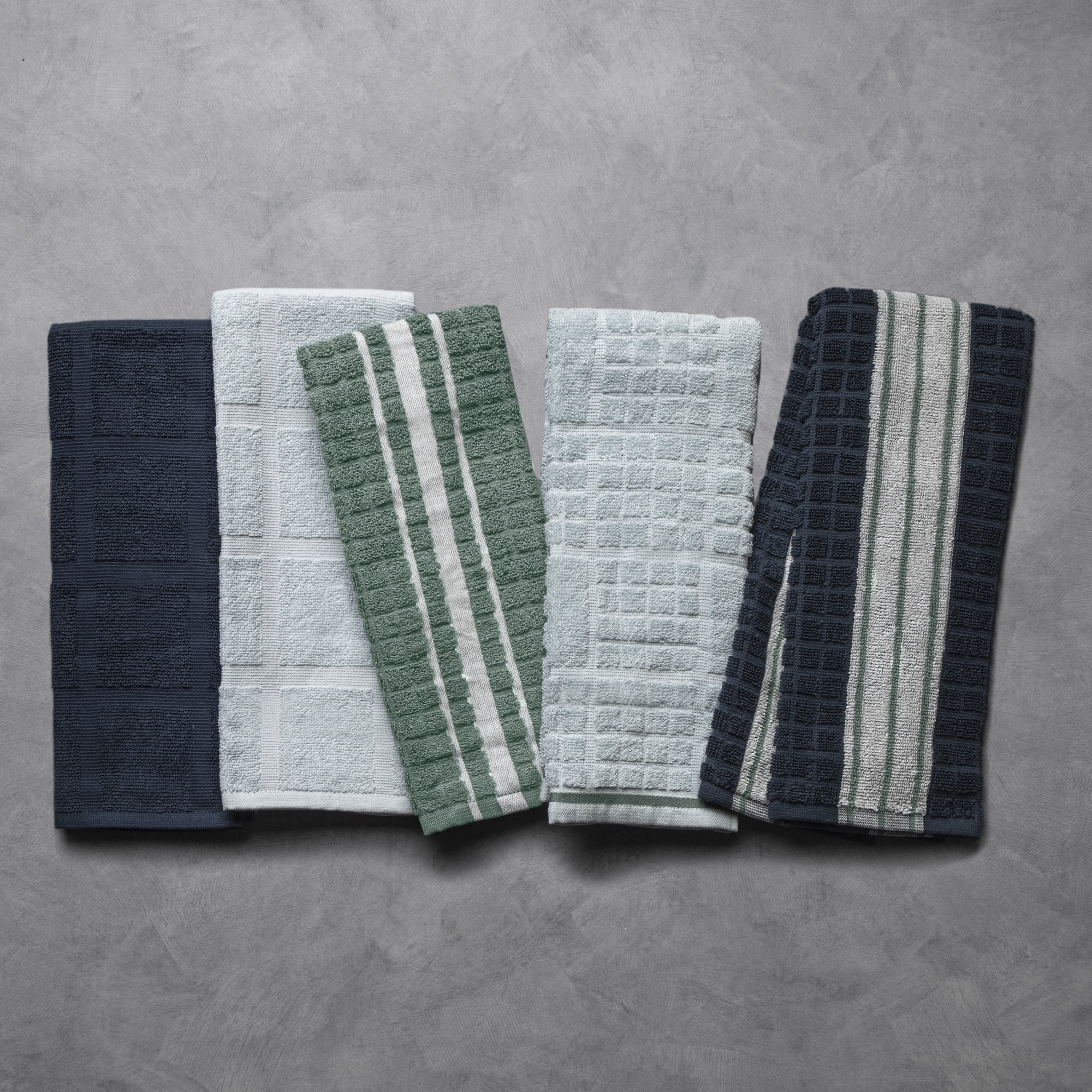 Thyme & Table 5 Pack Kitchen Towels, Navy, Green, and White Cotton Set