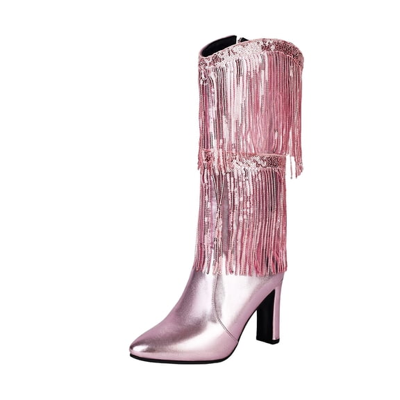 Boots for Women,Glitter Pointed Toe Heel Mid Calf Boots With Fringe Tassel Western Ankle Booties For Ladies Fashion,Knee High Boots Women,Pink,6.5-7