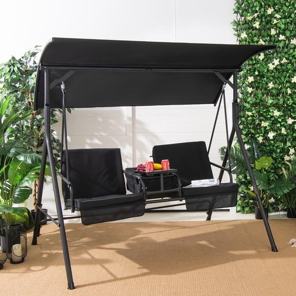 Costway Balançoire de Porche à Auvent pour 2 Personnes, Chaise Rembourrée, Sac Isotherme, Plateau Rotatif, Noir