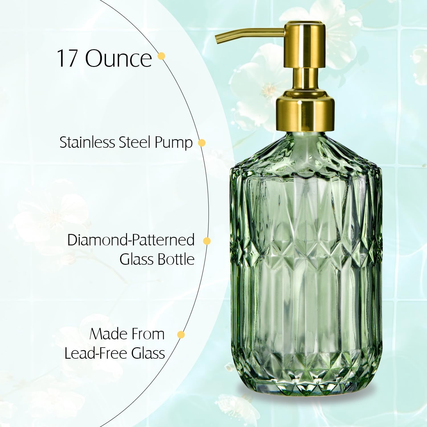 17 Oz Green Glass Kitchen Soap Dispenser for Dish Soap, 2 Pack Bathroom Soap Dispenser Set with Gold Rust Proof Pump for Lotion, Hand soap or Body Wash