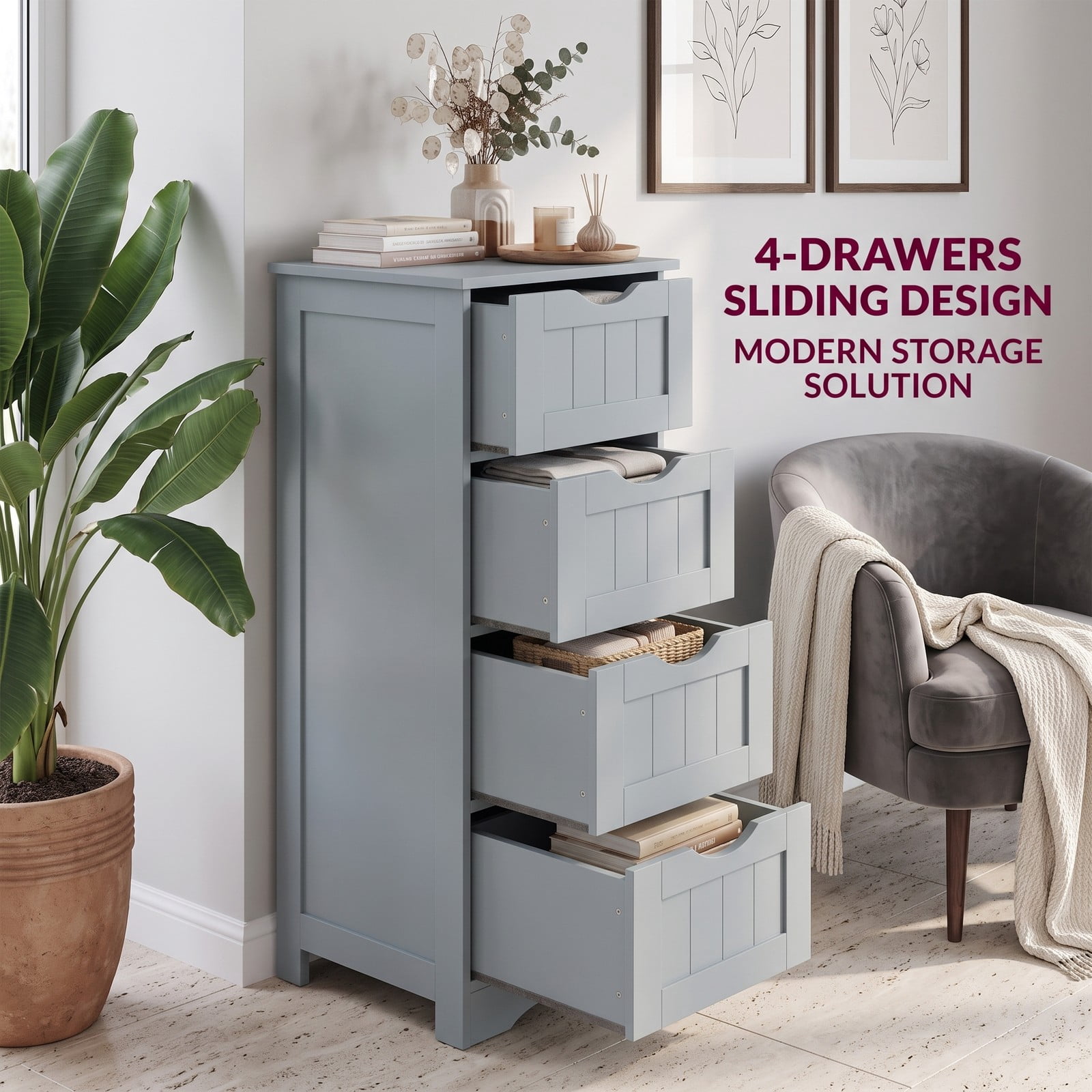 Fenbeli 4-Drawer Bathroom Floor Cabinet, Freestanding Wooden Storage Side Organizer with Anti-Toppling Device, Narrow Waterproof MDF Storage Tower for Bathroom, Gray
