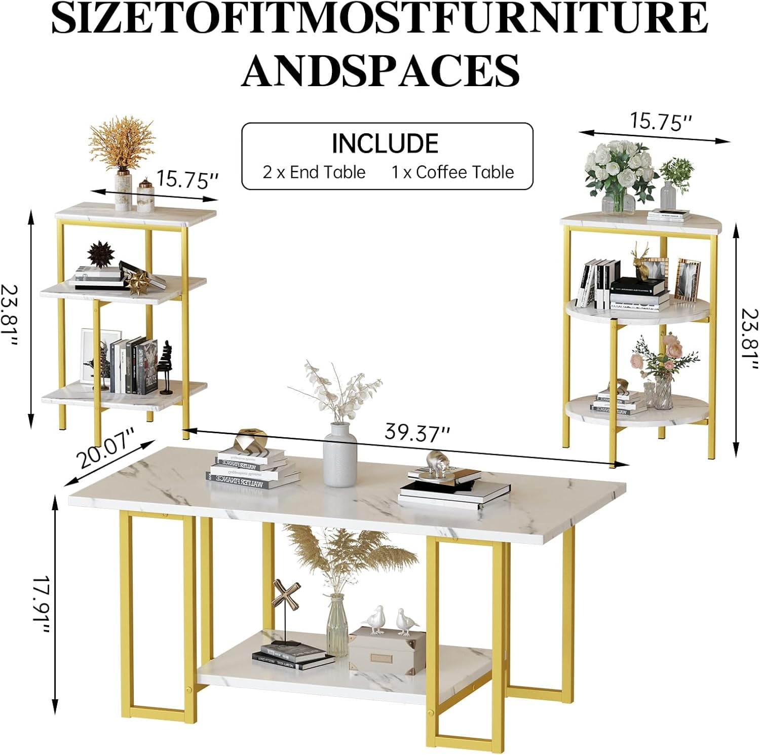 Cvortll Coffee Table Set of 3, Rectangle Faux Marble Tabletop & 2 Tiered Side Tables, Multi-Level Storage for Living Room（White & Golden）