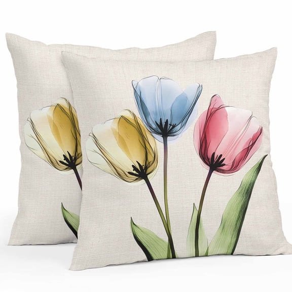 Red Yellow Blue Tulips Outdoor Pillow Covers Pack of 2 Transparent Floral Linen Retro Waterproof Throw Pillow Covers Decorative Cushion Cases for Patio Garden Tent Balcony Couch 18x18 inch