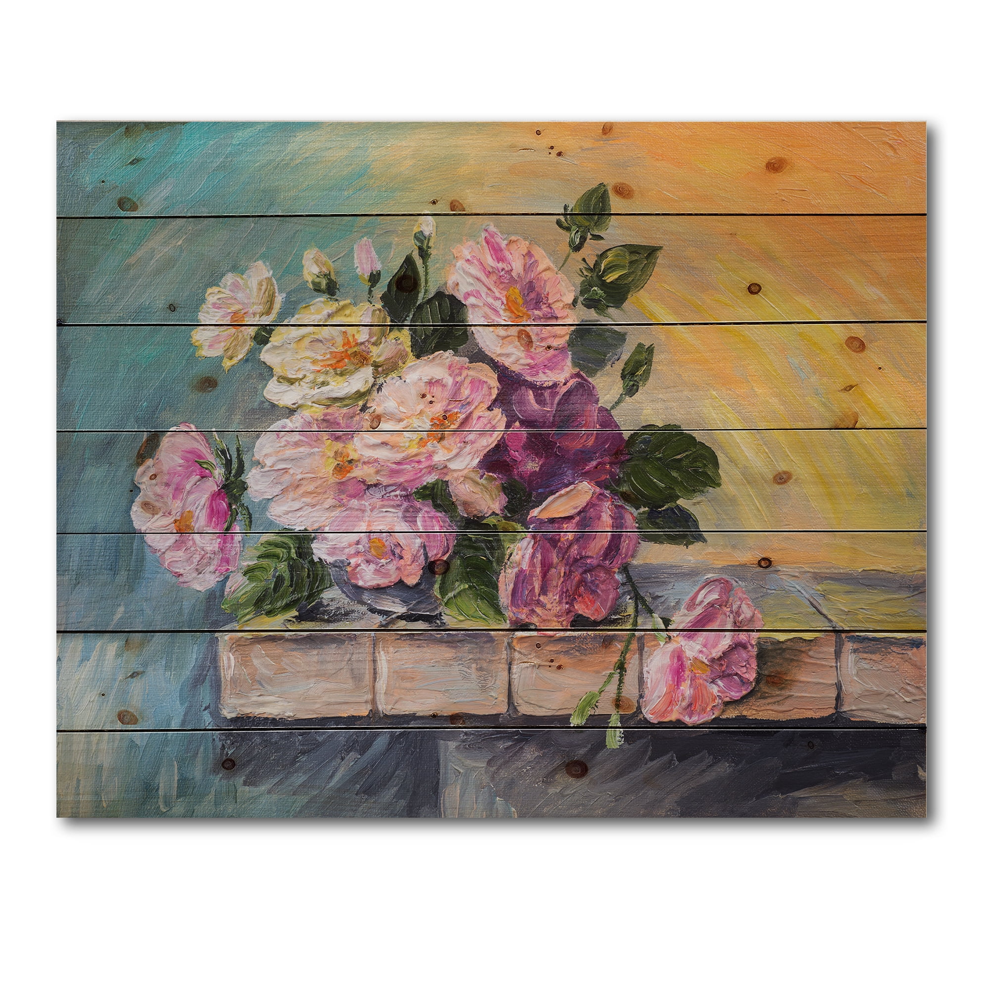 Designart 'Still Life With Bouquet Of Pink Flowers' Traditional Print on Natural Pine Wood