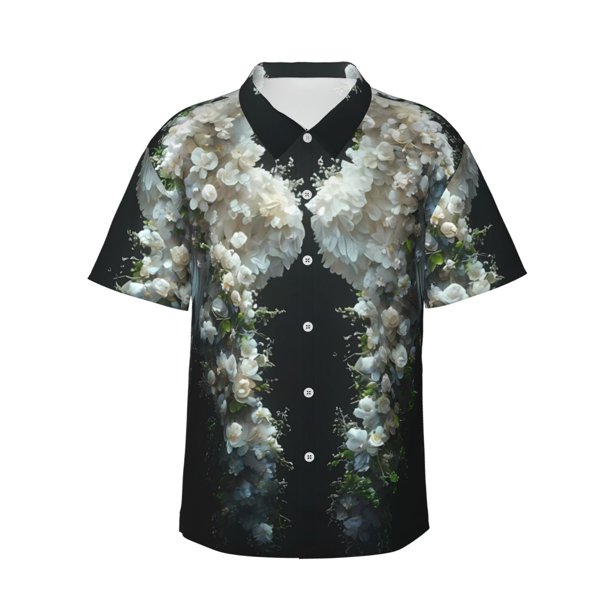 Fotbe Floral Angelic White Wings Camisa Hawaiana para Hombre Unisex – Camisa Casual de Verano con Botones de Manga Corta de Algodón y Lino,Medium