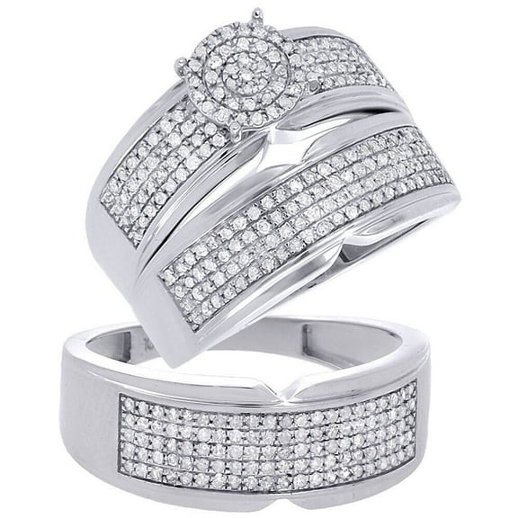 Bluebelljewels 3Ct Cubic Zirconia in 14K White Gold Finish His & Her Wedding Trio Ring Set