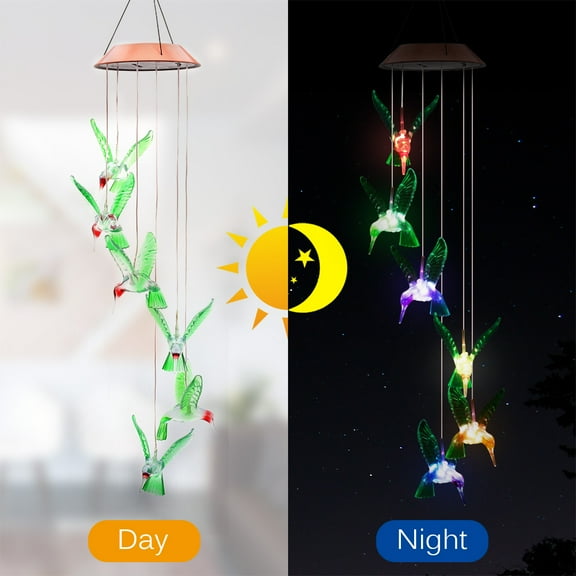 EROCK Solar Changing Color Hummingbird Wind Chime, Solar Powered LED Hanging Lamp Windchime Light for Outdoor Indoor Gardening Yard Pathway