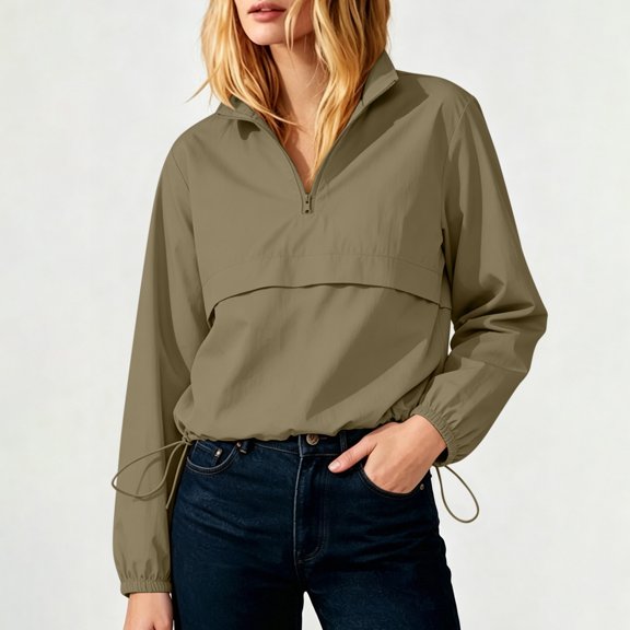 Women's Half Zip Windbreaker Pullover Drawstring Hem Long Sleeve Hooded Jacket S-3XL