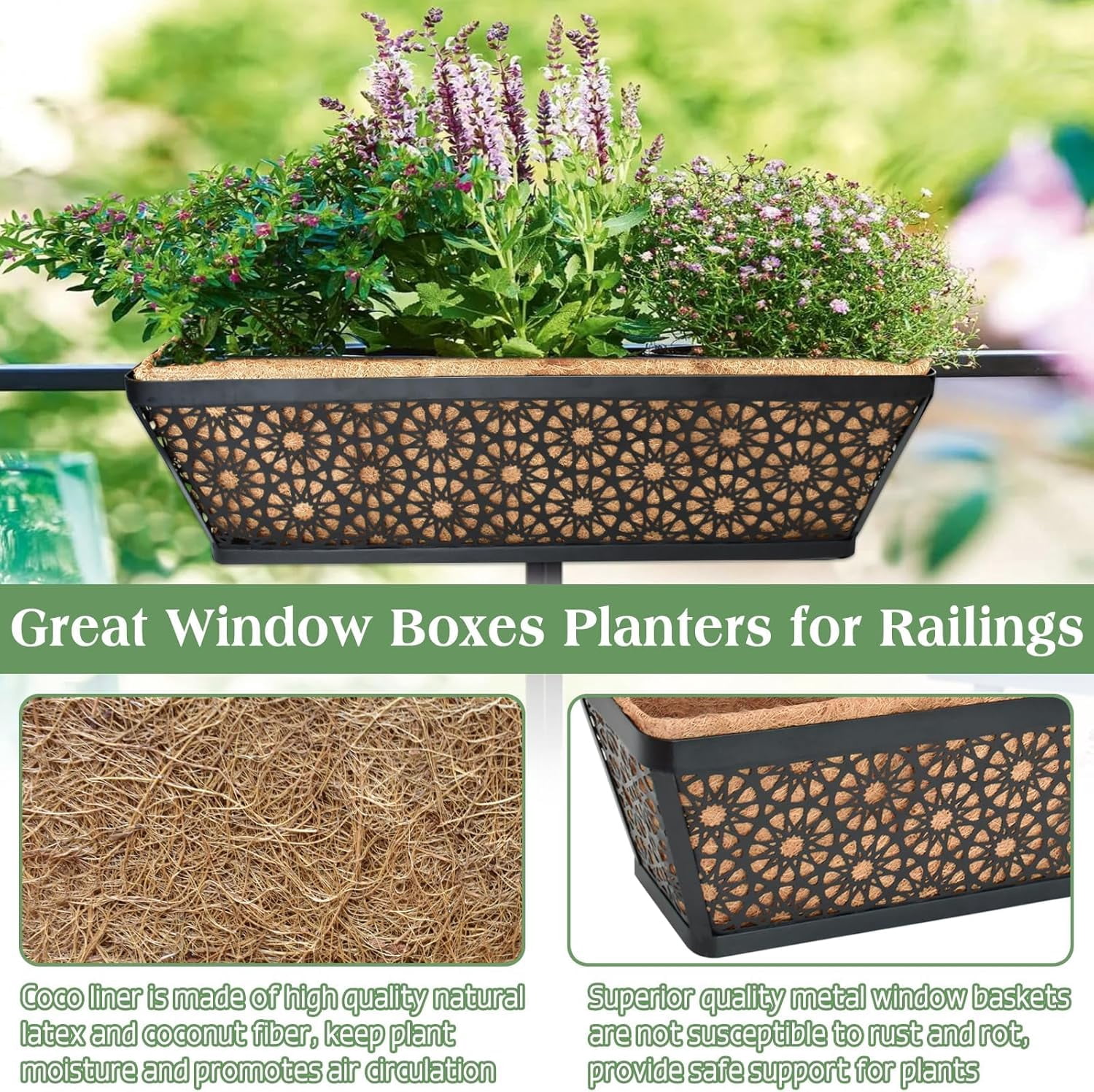 24 Inch Window Boxes Planters, 2 Pack Sturdy Metal Deck Flower Railing Planter Box with Coco Liners for Indoor Outdoor Decor, Adjustable Rail Planter for Window Fence Porch Balcony Patio Lawn