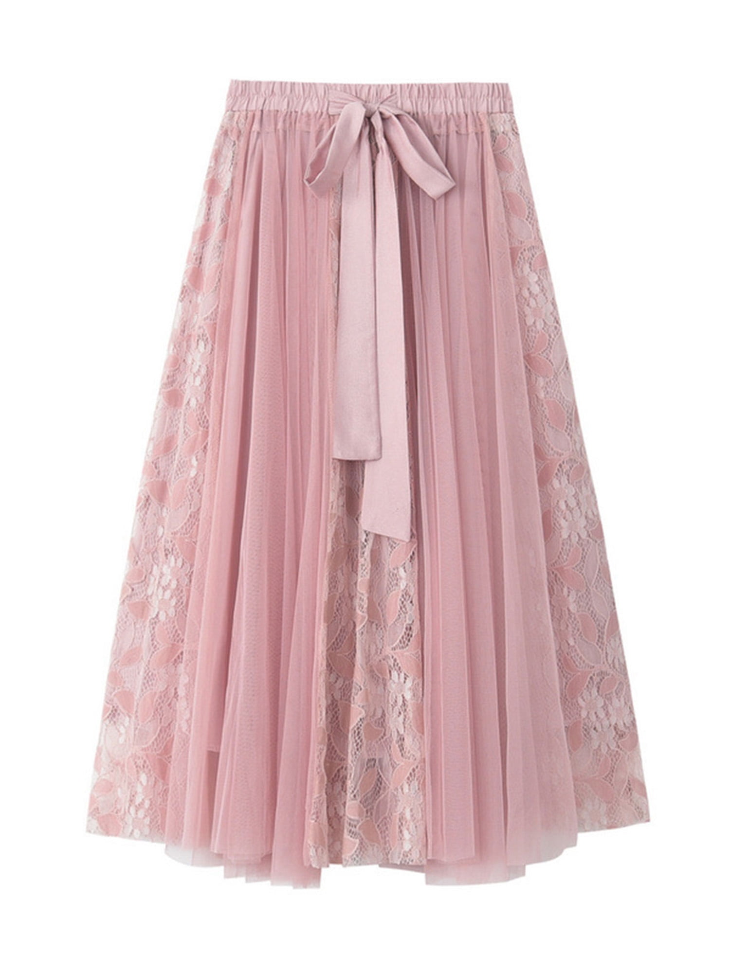 Women Skirt Fashion Lace Embroidery Stitching Mesh Skirt Bowknot TieUp