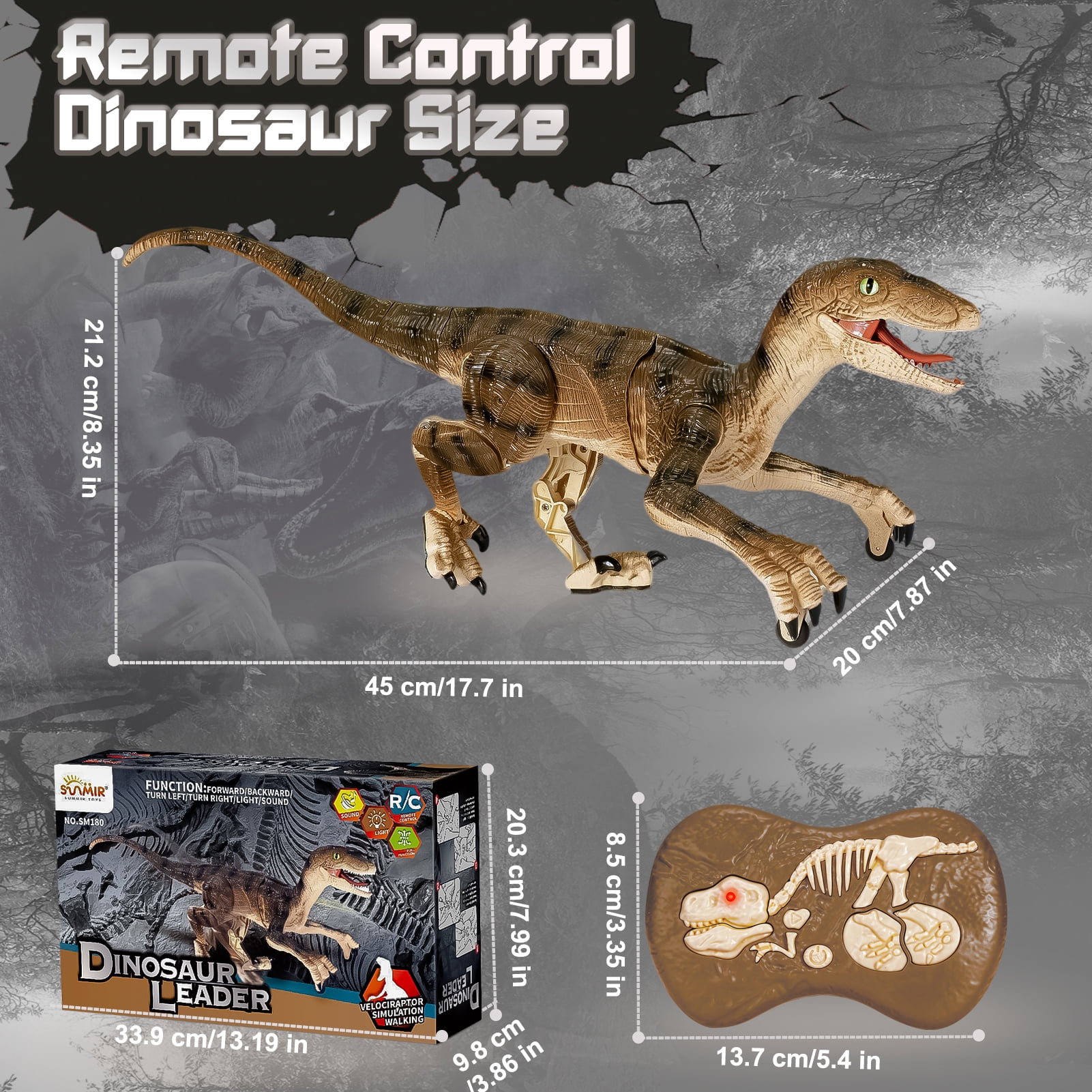 Sunforu Remote Control Walking Dinosaur Toy with Roaring Sound and LED Lights–Realistic Interactive Robot Model for Kids Aged 6+ Ideal Gift for Birthday or Christmas