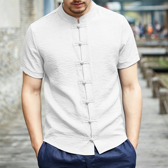 Kalauyu Men's Mandarin Collar Shirts Short Sleeve Button Down Shirt Summer Casual Loose Breathable Lightweight Solid Color Shirts