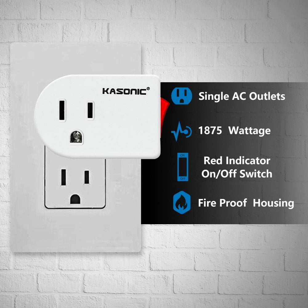 2 Pack UL Single Port Power Wall Tap Adapter with Red Indicator On//Off Switch