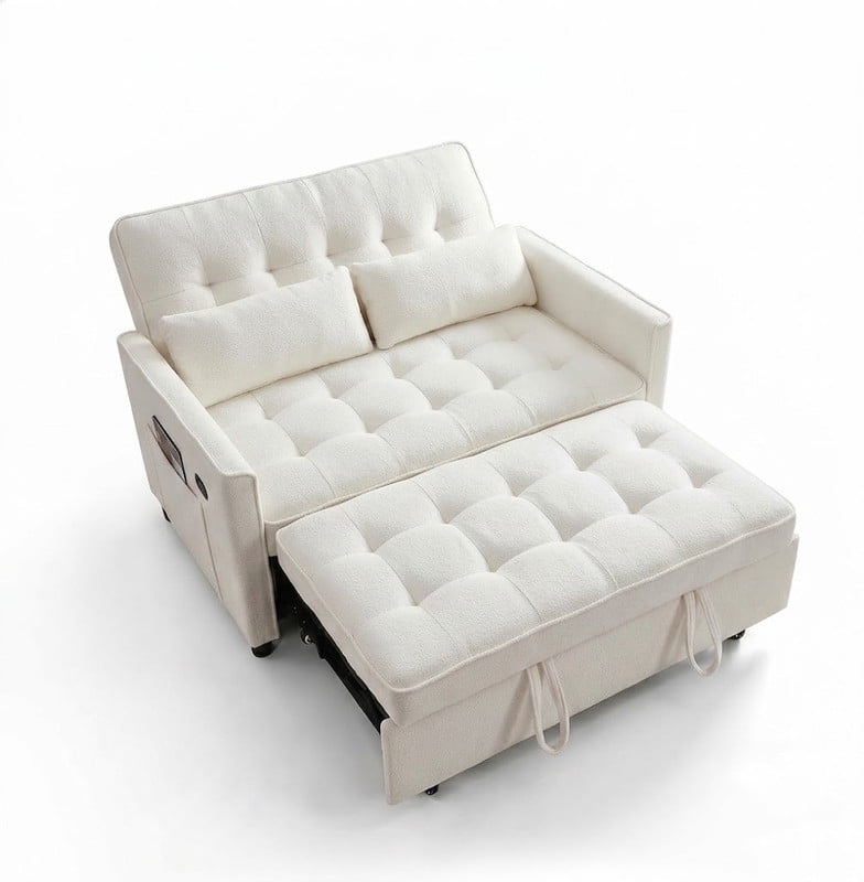 3-in-1 Convertible Sofa Bed with USB Charging Ports, Pull-Out Sleeper Sofa with Adjustable Backrest and Side Pocket, Compact Loveseat Couch for Living Room, Apartment, Dorm