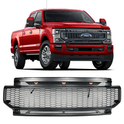 Ikon Motorsports Grille Compatible With 2020-2022 Ford F250 F350 F450 F550 F600 Super Duty Grey ABS Plastic R Style Front Bumper Upper Grill with Amber Lights