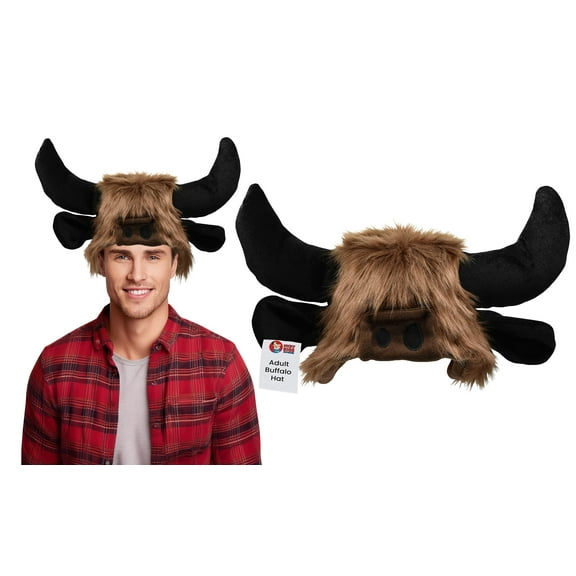 Adult Furry Beast Bison Hat - Faux Fur Buffalo Black Bull Horns Ears Trapper Cap - Funny Animal Cosplay Halloween Costume Headwear, Brown, One Size