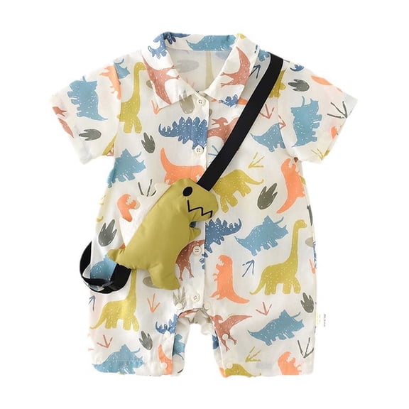 Nafuu Boys Romper Lapel Summer Short Sleeved Collared Shirt With Cartoon Dinosaur Print Clothing Outfit Newborn Onesies,Light Green,3-6 Months