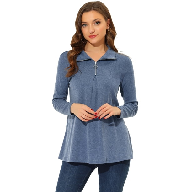 Top tipo túnica Allegra K de manga larga con cremallera frontal plisada y cuello alto para mujer Gris azul XS
