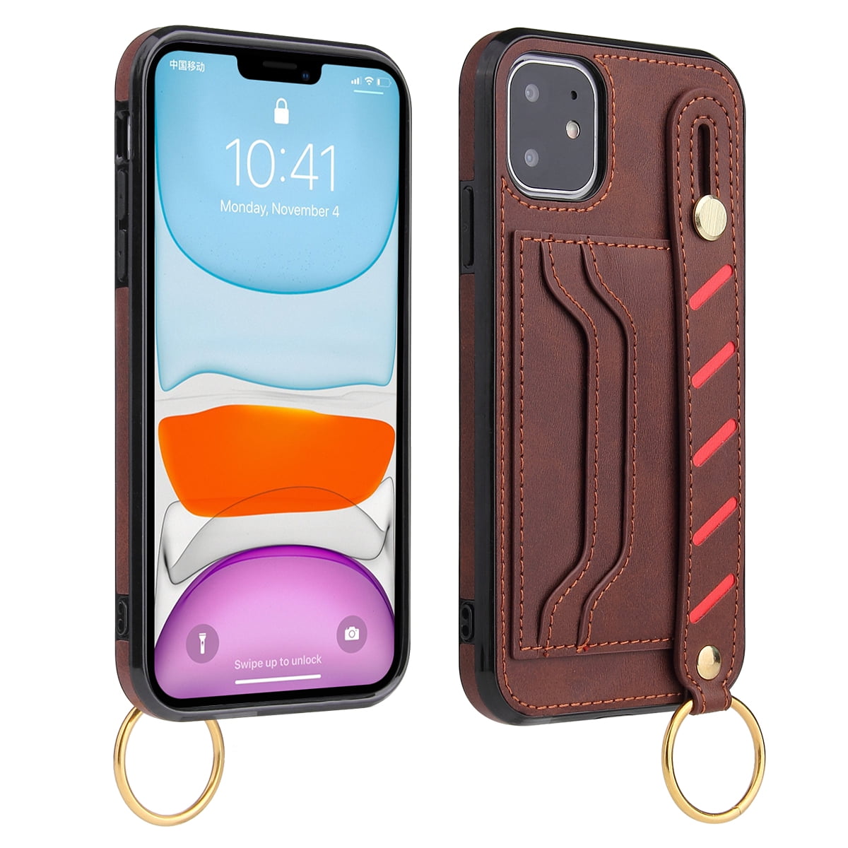 HR Wireless for Apple iPhone 14 6.1 Multi-functional Cards Slot Wrist Strap Vegan Leather Case Cover - Brown