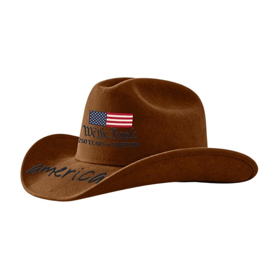 Fabrcox 1776-2026 250th USA Anniversary Cowboy Hat Western America Flag Print Patriotic Freedom Independence Day 4th of July Hat Brown 22.04"-22.83"