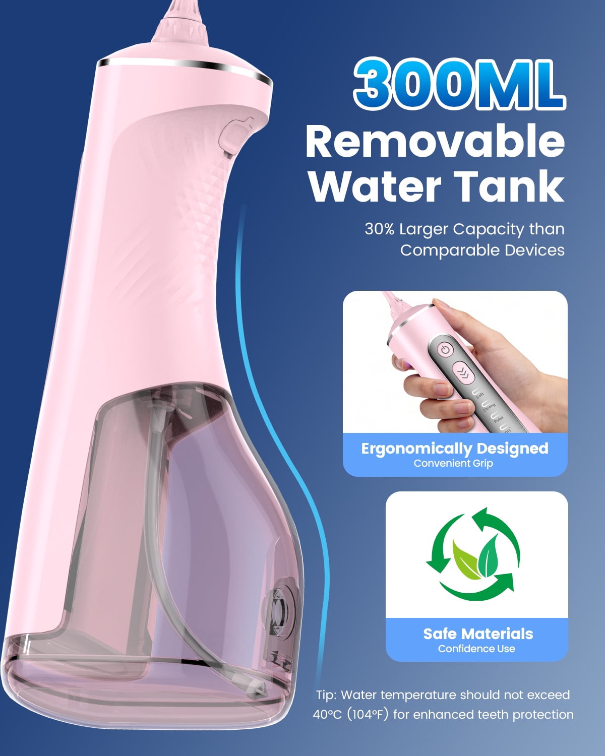 JTF Cordless Water Flosser for Teeth: 3 Modes & 10 DIY Pressure Levels Portable Oral Irrigator for Braces & Sensitive Gums with 9 Tips & 300ML Tank, Rechargeable Electric Dental Pick for Home Travel
