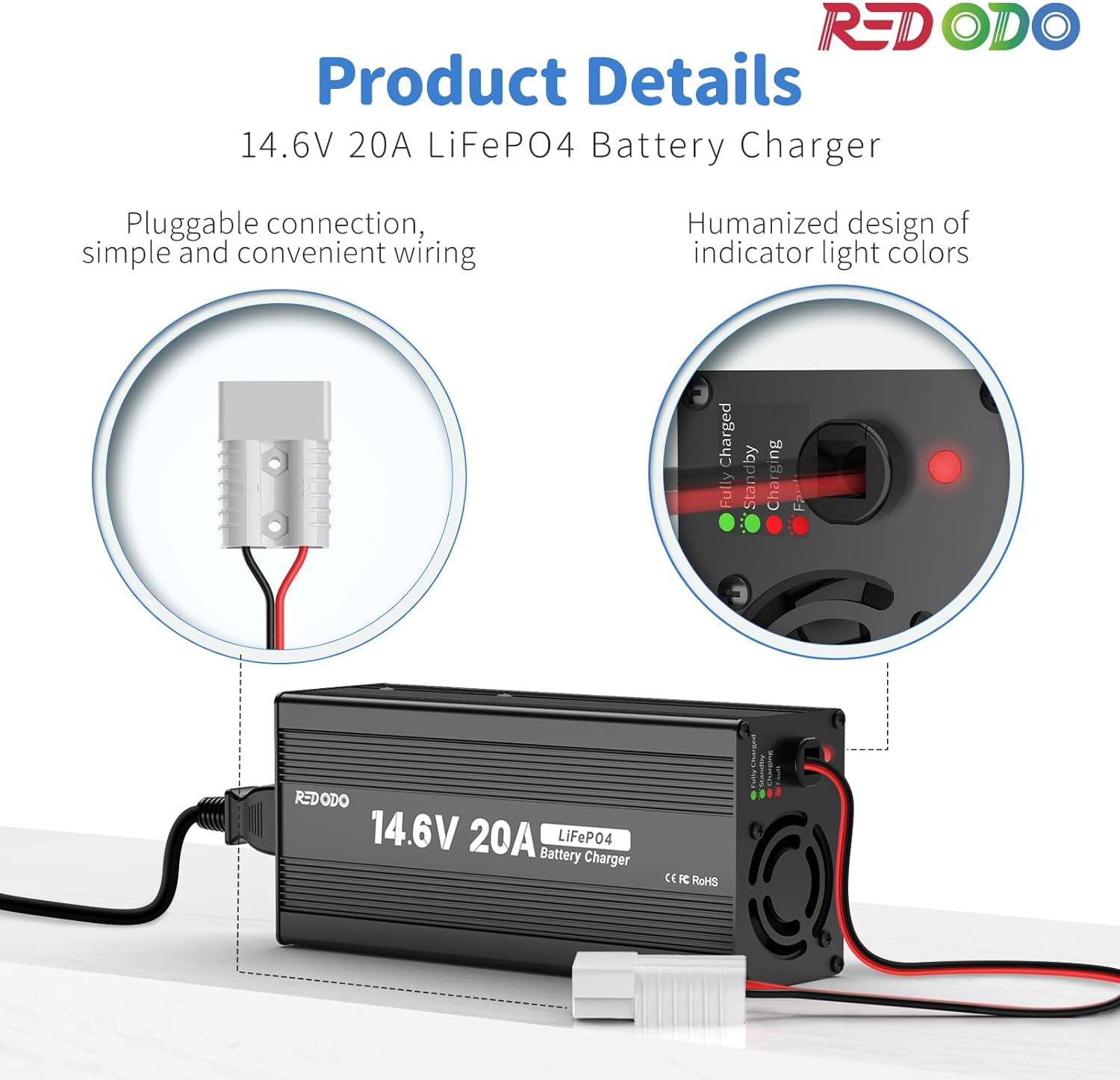 Redodo 14.6V 20A Lifepo4 Lithium Battery Charger, Support Fast Charging for Deep Cycle Lithium Iron Phosphate Battery Charging