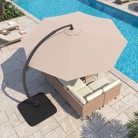 LAZZO 12FT Patio Umbrella with Base, Outdoor Deluxe Cantilever Cantilever Umbrella for Patio Pool Deck, Champagne