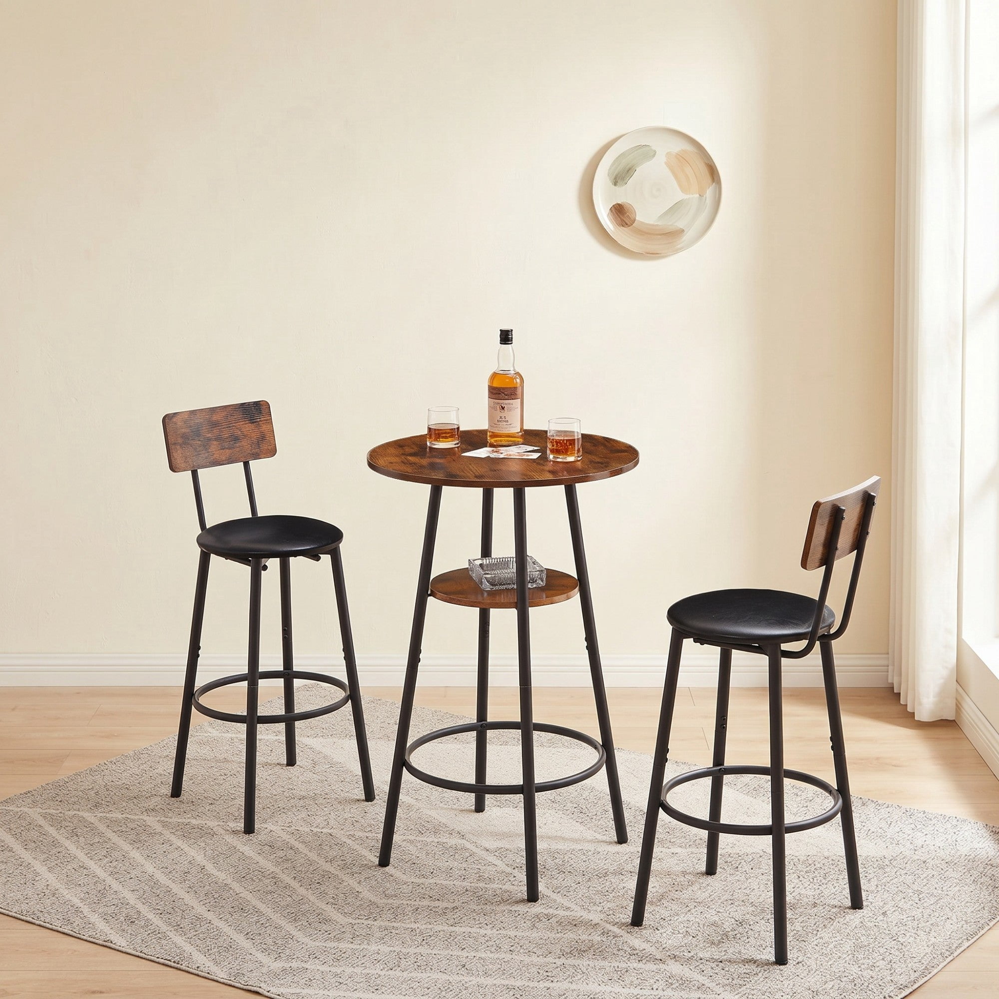 Sailvan Round Bar Stool Set with Storage Shelf, Upholstered Bar Stool with Backrest