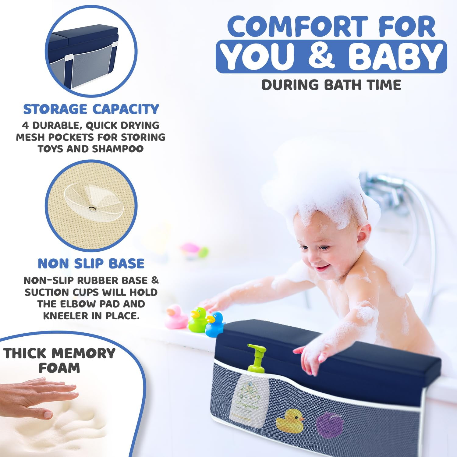 Bath Kneeler & Elbow Rest Set – Waterproof Memory Foam Mat with Organizer Pockets, Quick-Drying, Non-Slip, Foldable (Blue)