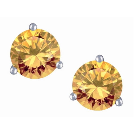 Star K Round 7mm Simulated Imperial Yellow Topaz Three 3 prong Martini push back Stud earrings